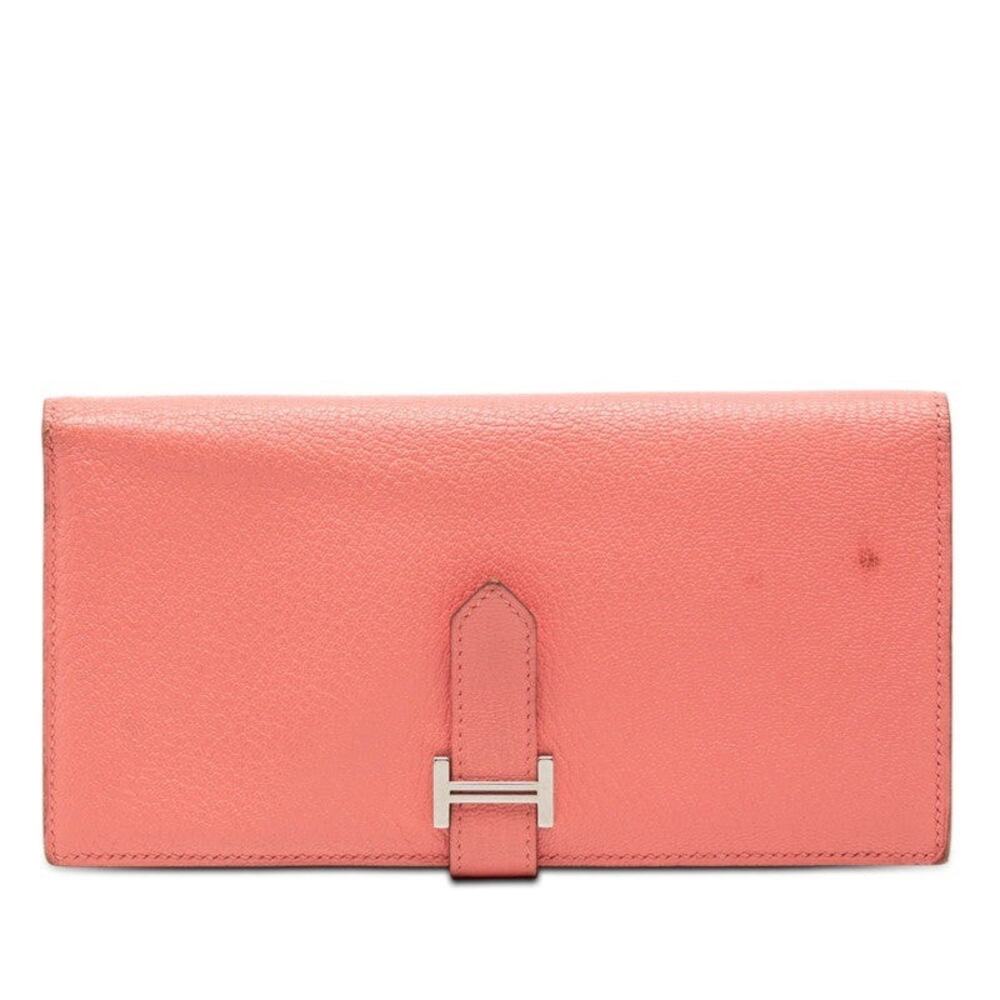 Hermes Chevre Leather Bearn Soufflet Long Wallet Pink Flamingo